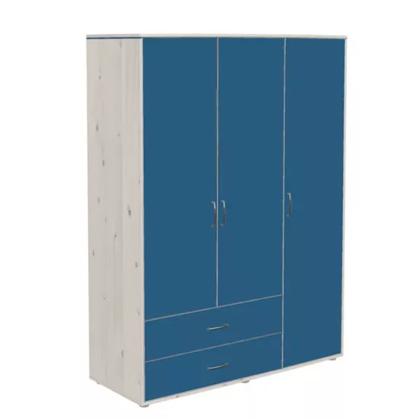 Kleiderschrank 3 Türen 2 Schübe Kieferweiß/Nordic Blue