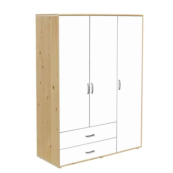 Kleiderschrank 3 Türen 2 Schübe Kiefer/Lack weiß