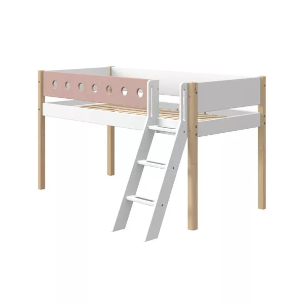 Flexa White Spielbett 90x190 Schrägleiter in Weiß/Birke/Rosa