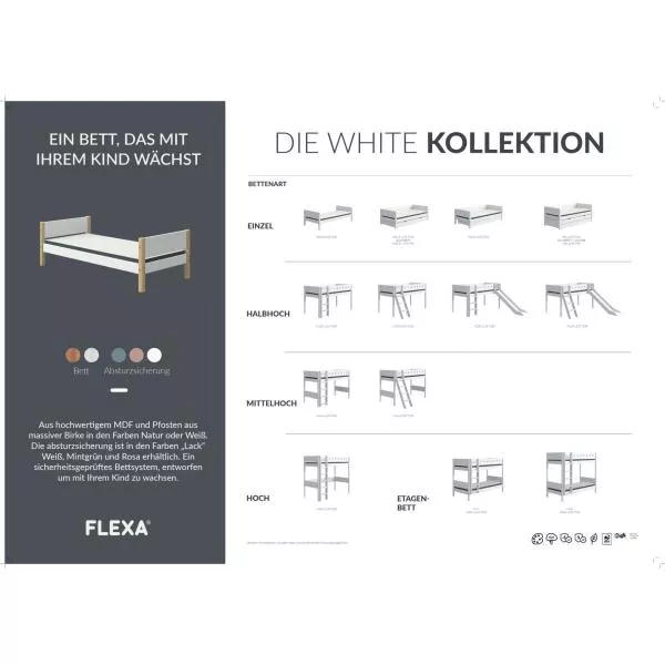 Flexa White Hochbett 90x190 gerade Leiter in Weiß/Birke/Light Rose