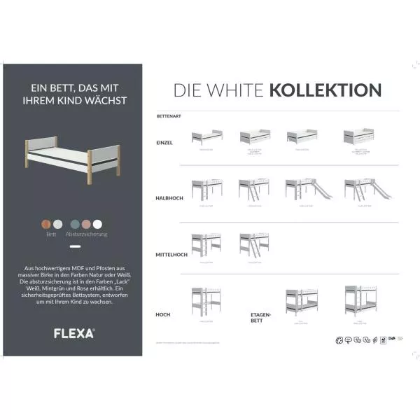 Flexa White Etagenbett 90x200 gerade Leiter in Weiß/Light Rose